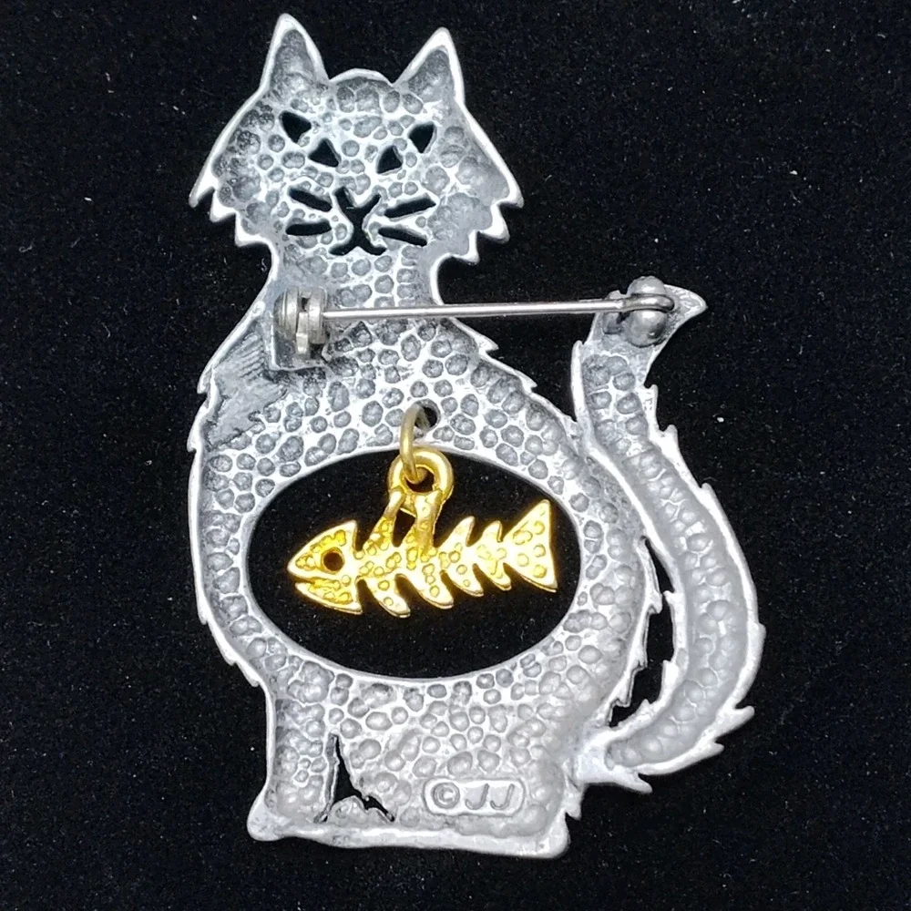 Signed JJ Jonette Vintage Pin Goofy Cat Fish Bone in Stomach Brooch costume TV